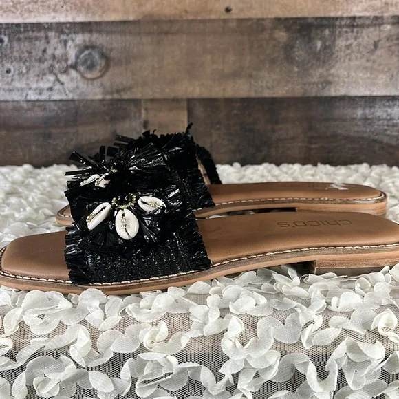 Chico’s Sandals Sz 6.5 Black Raffia and Shell Slides leather shoes - Picture 3 of 5